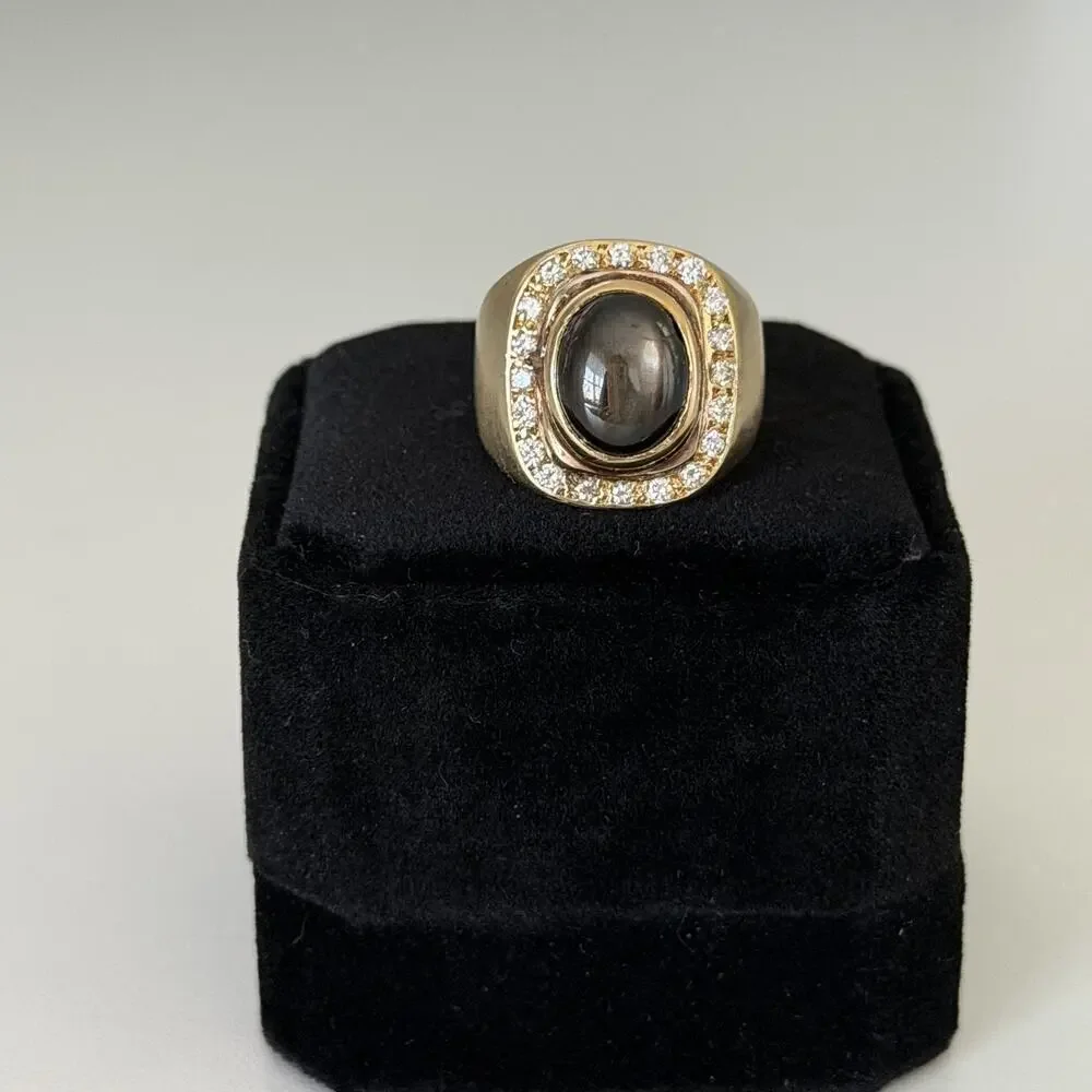 Vintage 14K Yellow Gold West Germany Smoky Cabochon Diamond Chunky Ring Sz 7.25